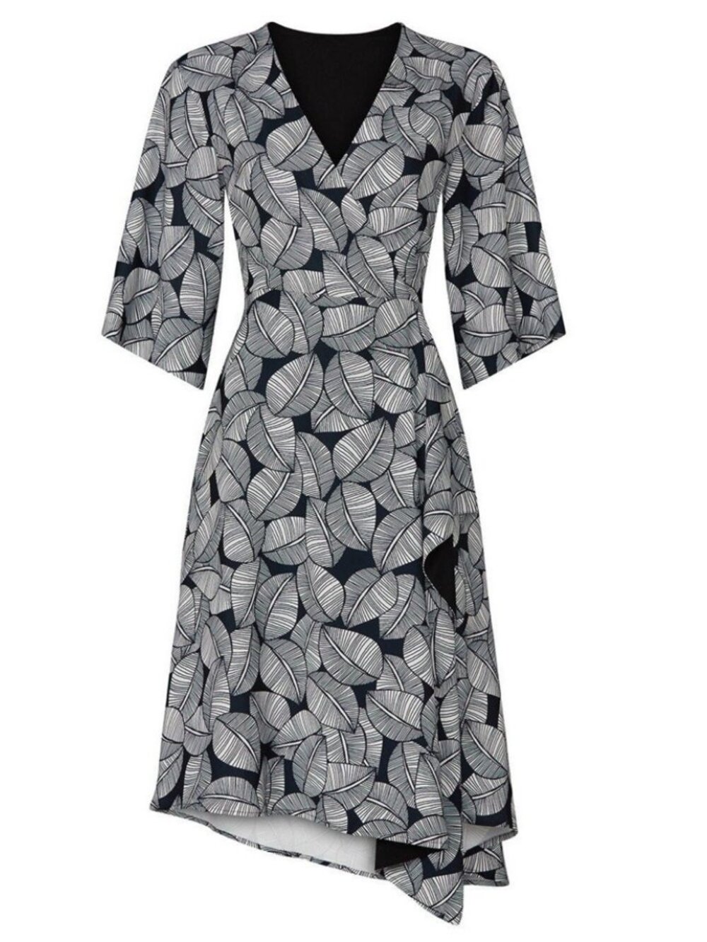 Natori Leaves of Paradise Faux Wrap Black/White 3/4 Sleeve Dress sz 8 Preppy